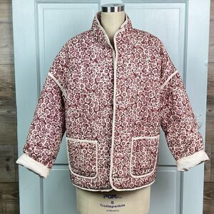 Quilted Open Front Jacket Vtg Floral Fabric Pockets Drop Shoulders Maroon Sz M